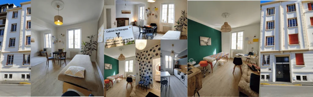 Collage of a clinic interior and exterior: treatment rooms with beds, desks, chairs, plants, and a white building with blue shutters.