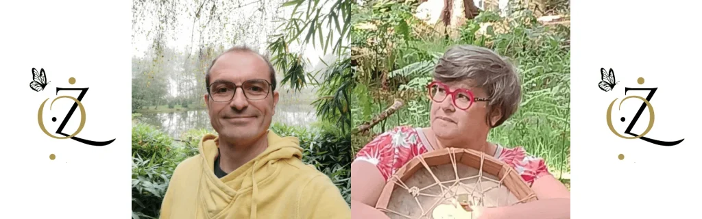 A man in a yellow hoodie and a woman with red glasses pose outdoors in a leafy garden by a pond, the woman holding a round wicker craft frame or basket.